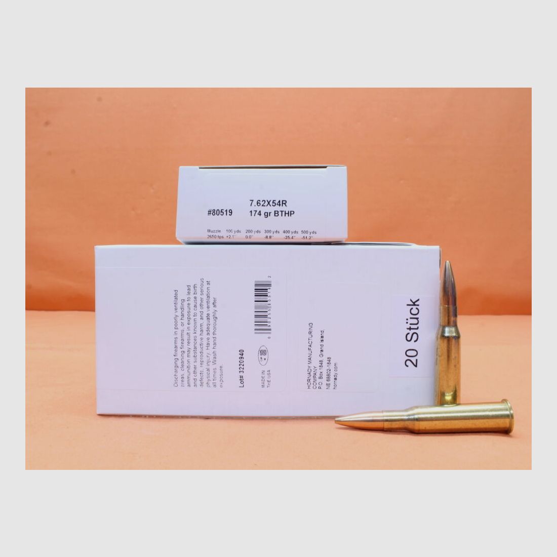 Hornady Patrone 7,62x54R Hornady 174grs BTHP Match (80519) VE 20 Patronen/ 11,3g Hohlspitz-Torpedoheck-Match