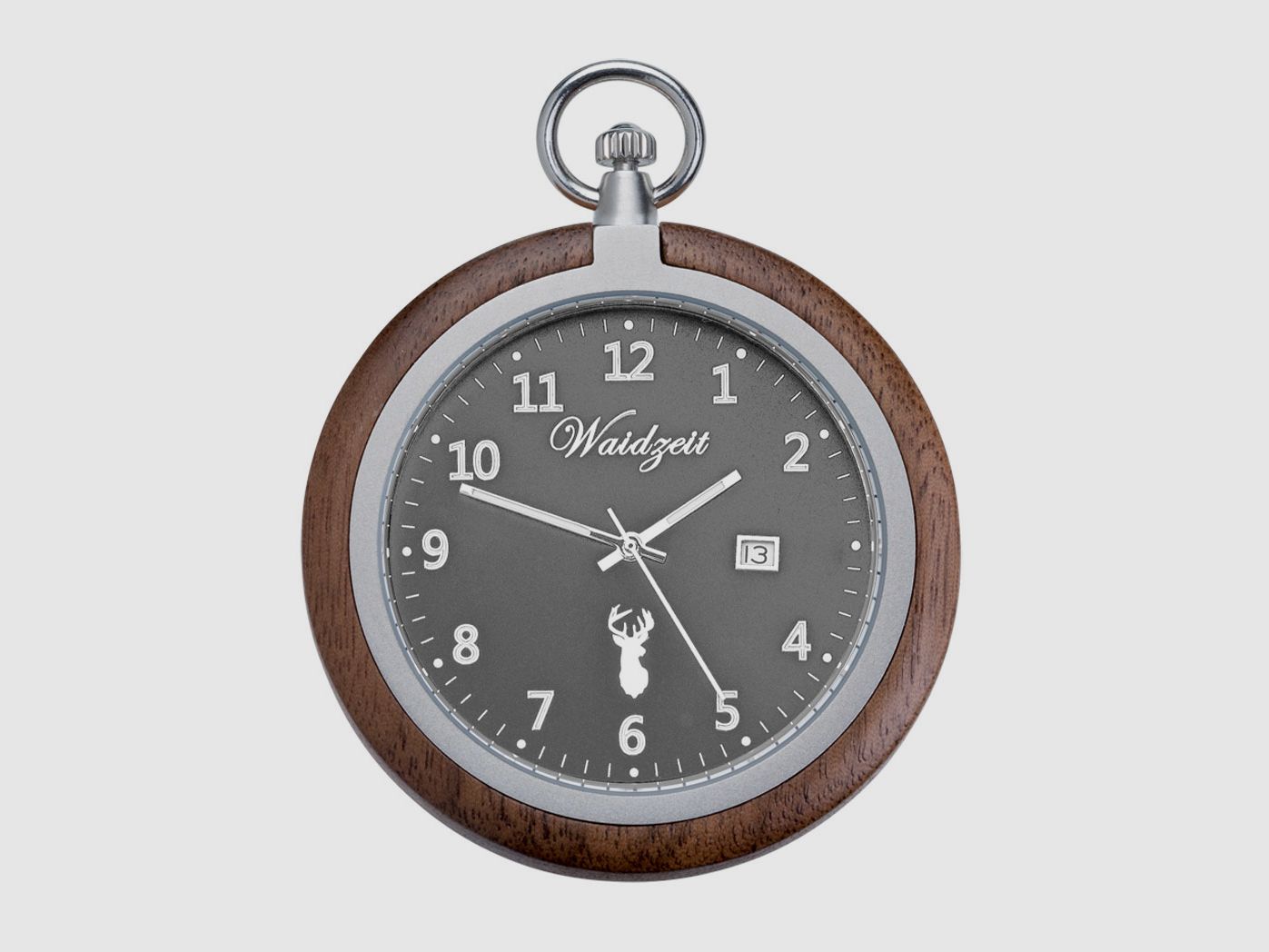 Taschenuhr Zeitlos (schwarz) aus Walnussholz mit Kette