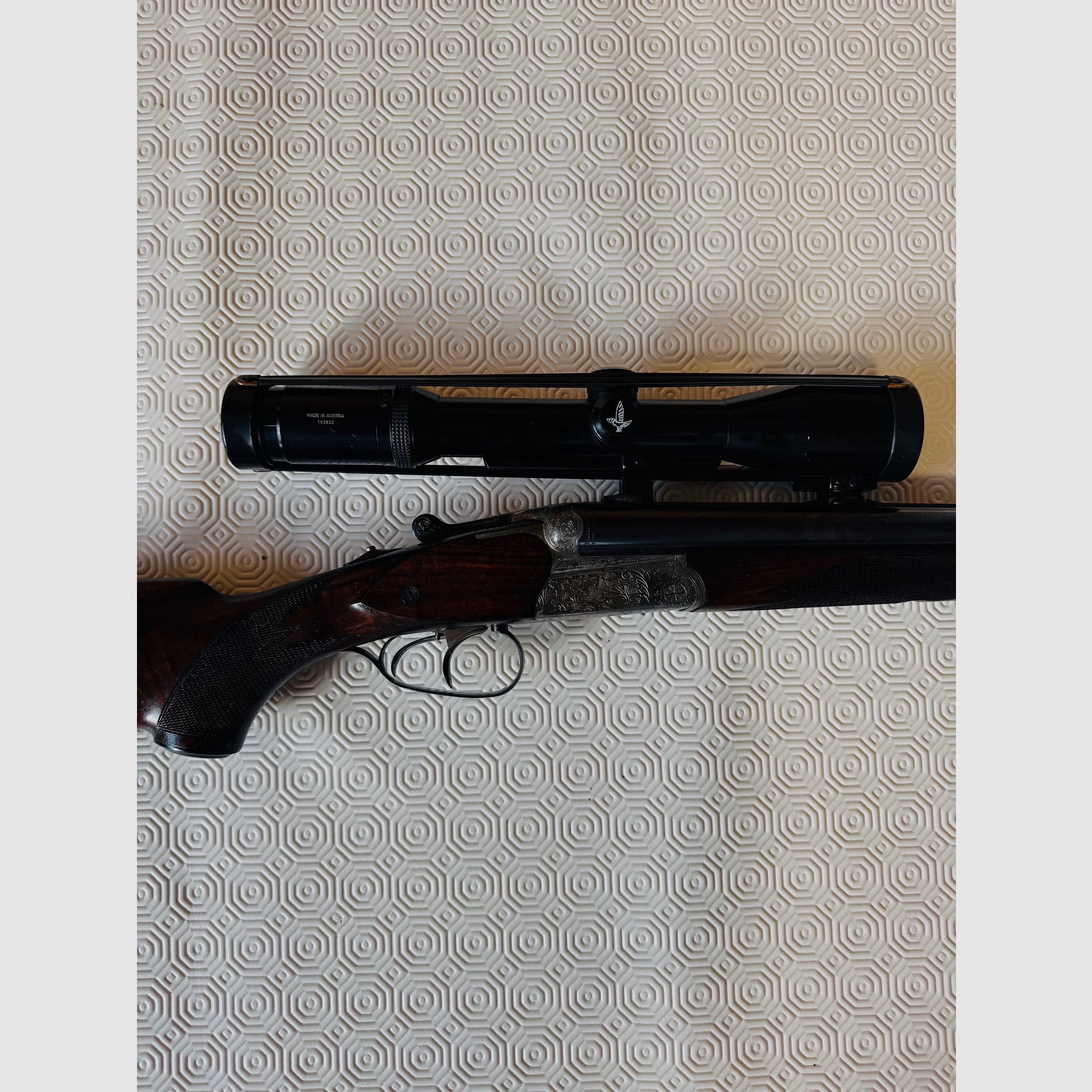 Perceuse Simson modèle 30 – 7×65 R / 16/70 – avec canon à emboîtement monté .22 Magnum (WMR) – Swarovski Habicht 1,5–6×42, réticule 1 – montage à crochet Suhl