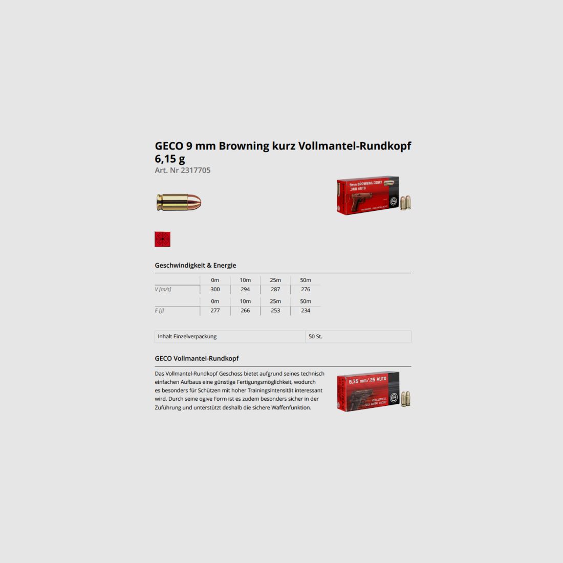 GECO Pistolenmunition 9mmBrowningKurz VM 50 Stk  50grs/3,2g