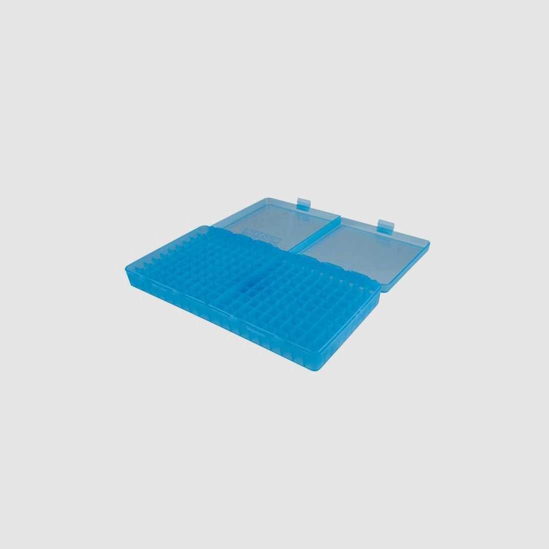 MTM scatola per cartucce P-200-45-24 blu trasparente con coperchio a ribalta per 200 cartucce .45 ACP e altre.