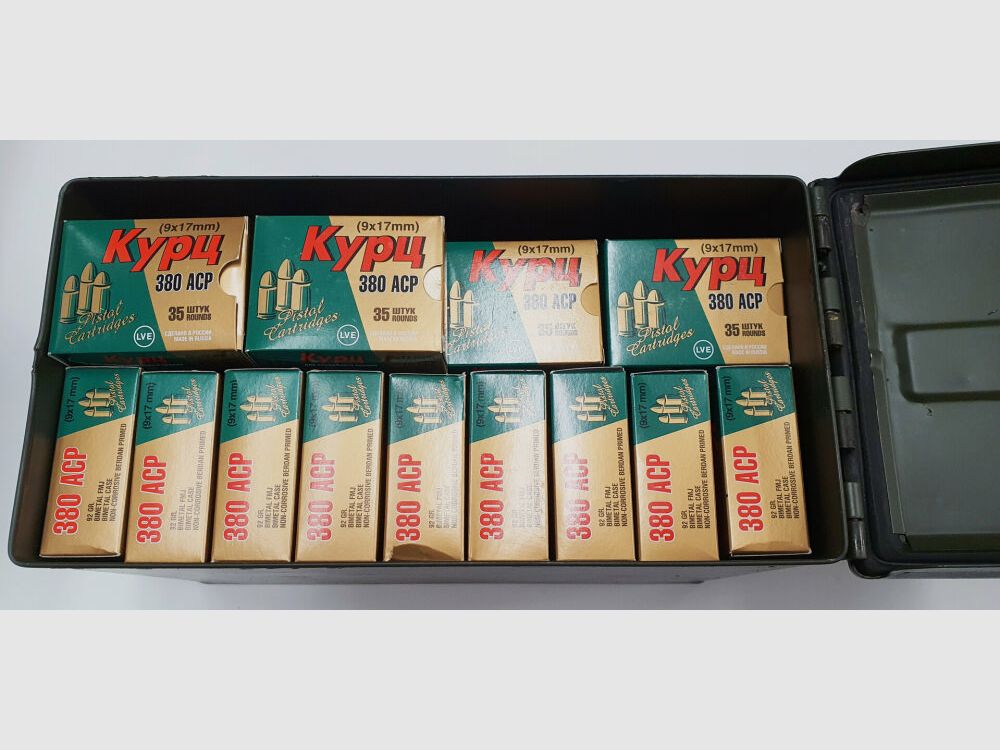 JSC "NOVOSIBIRSK CARTRIDGE PLANT" & LVE "LOW-VOLTAGE EQUIPMENT CO" Munition JSC 380 BROWING COURT / 9mm short FMJ 92grs non-corrosive 1,680 rounds in ARMY ammunition box