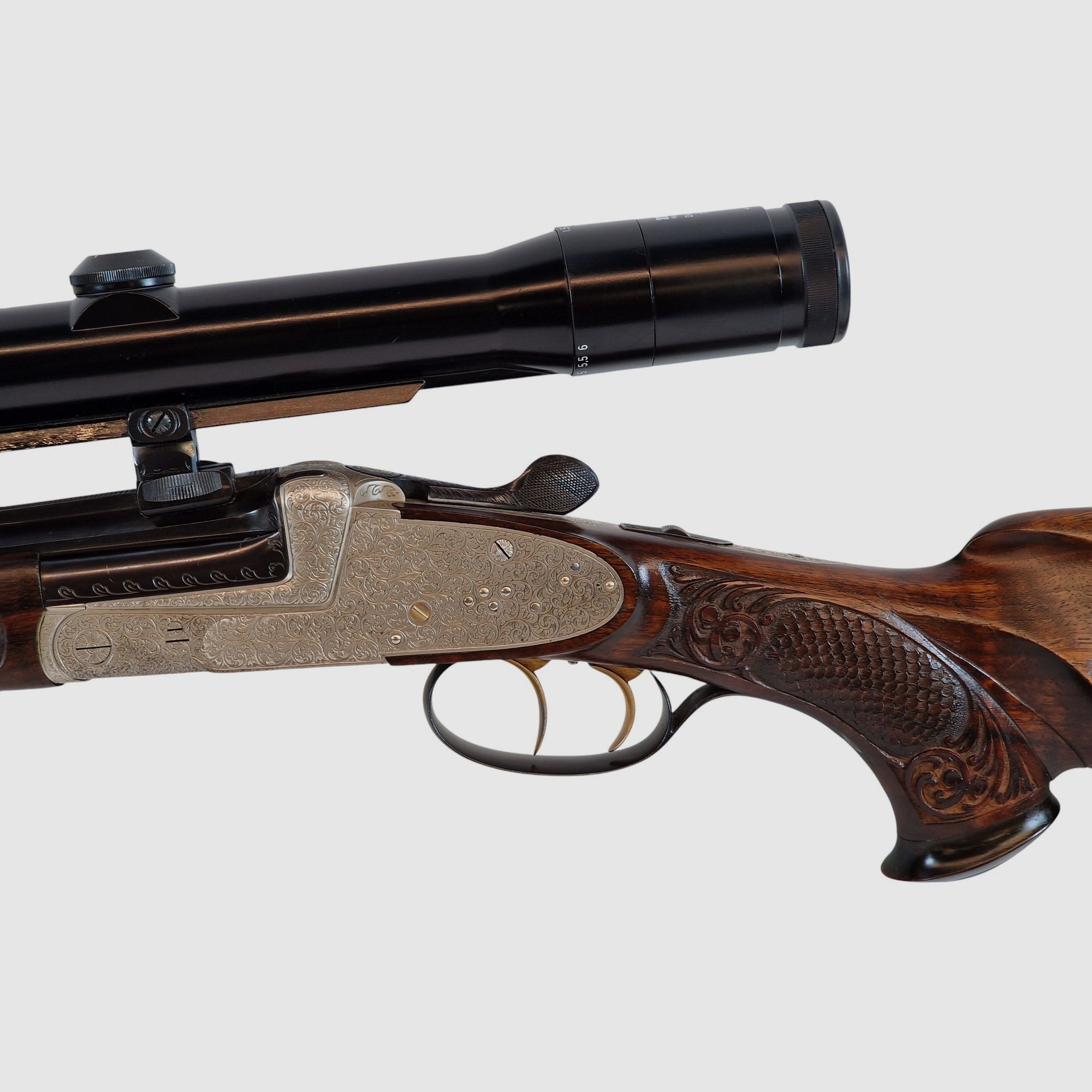 Outschar Ferlach side lock break-action rifle in caliber 6.5x57R with variable Zeiss optics