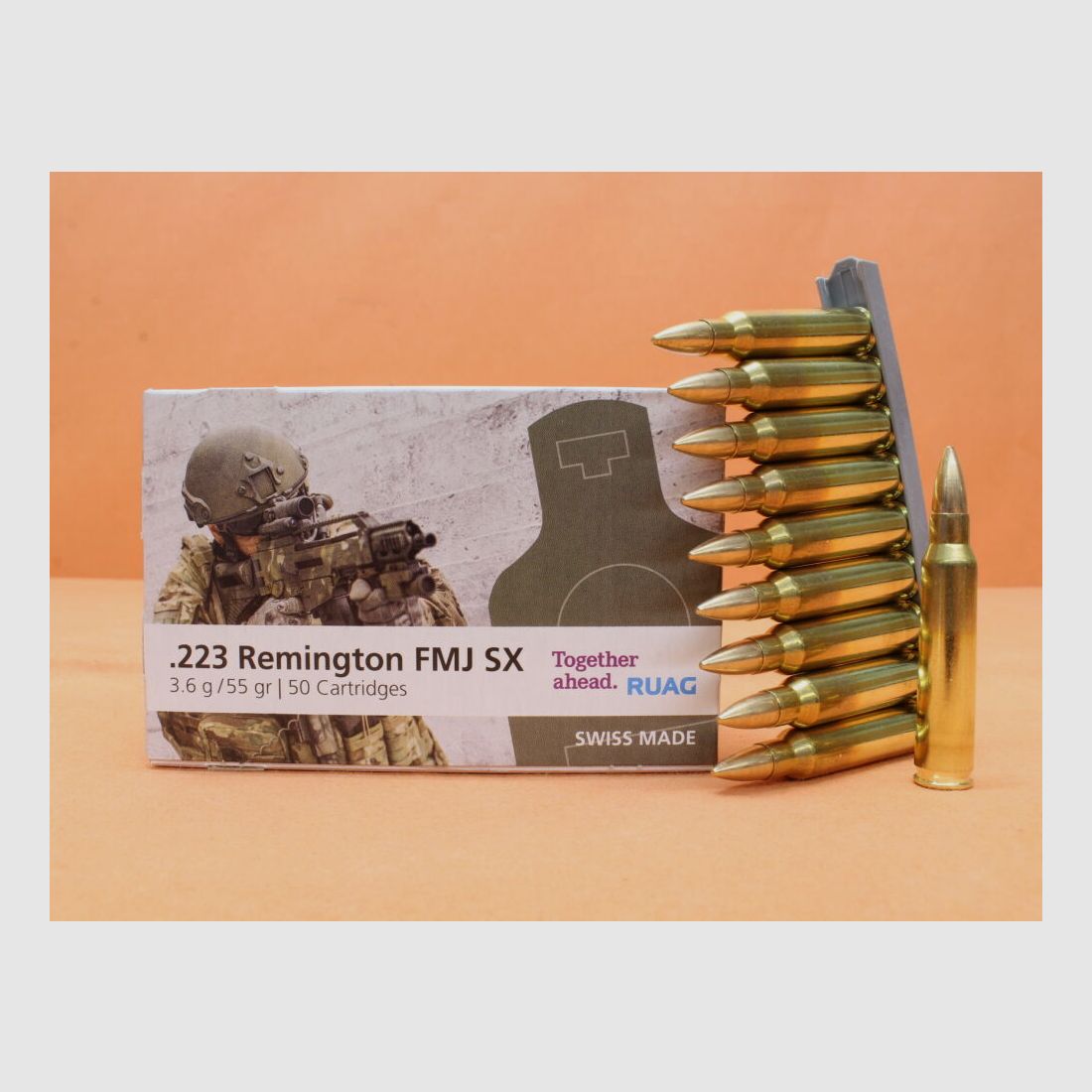 RUAG Cartouche .223Rem RUAG 55grs FMJ SX (2412244) VE 50 cartouches/ 3,6g Full Metal Jacket - Cible (réduit en substances nocives)