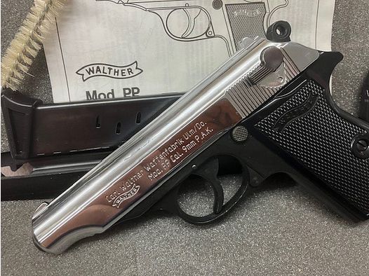 Walther PP polished Chrome, Kaliber: 9mm P.A.K., PTB Nr. 620, unbenutzt