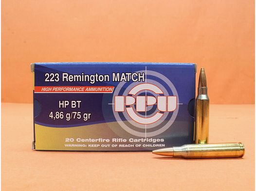 Prvi Partizan Patrone .223Rem Prvi Partizan 75grs HPBT VE 20 Patronen (A-495) Match/ 4,86g Hohlspitz-Torpedoheck-Match