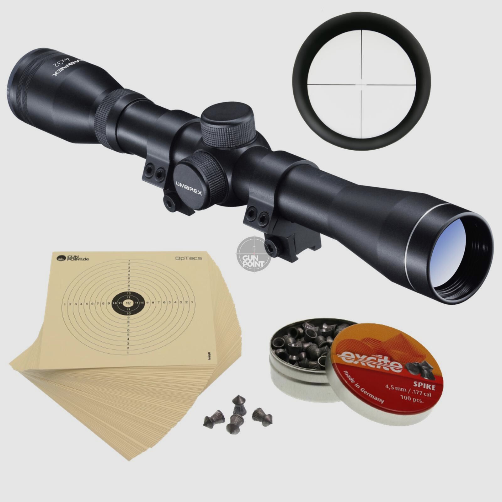 Umarex Zielfernrohr 4x32 Absehen 8 + 10 Zielscheiben + 100 H&N Diabolos Excite Spike fr Luftgewehr