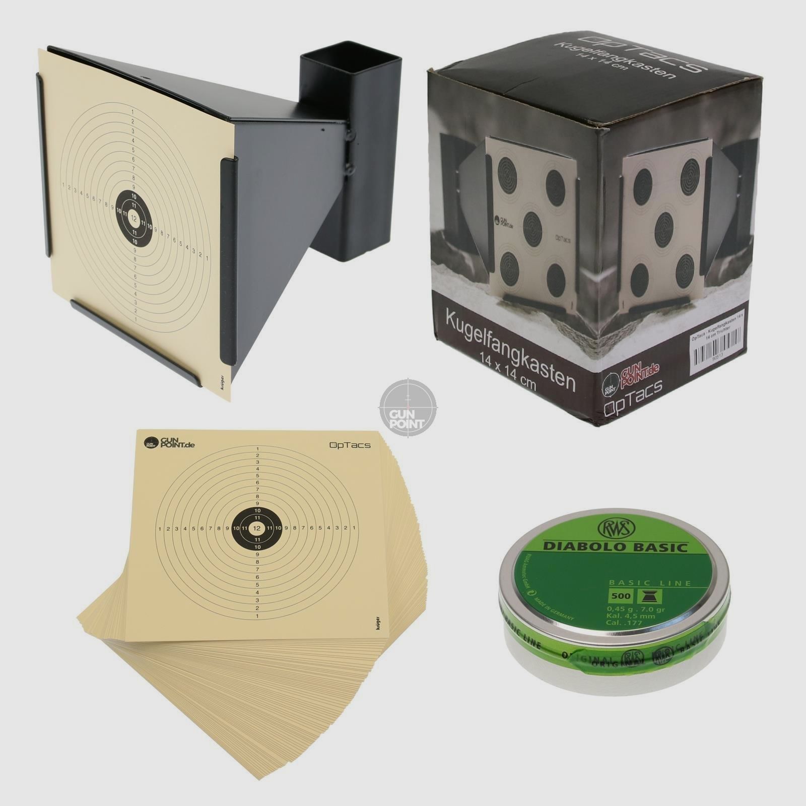 SET OpTacs - Kugelfang 14 x 14 cm inkl. 50 Zielscheiben & 500 Stk. RWS Diabolos Kal. 4,5 mm