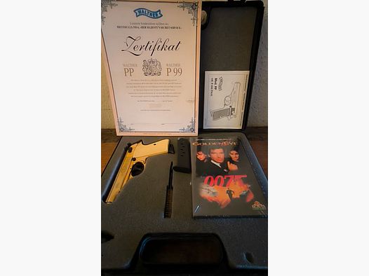 ⚠️ Attenzione fan di James Bond - Vera rarità - Pezzo da vetrina & Mai sparato!!! Edizione speciale limitata GoldenEye degli anni '90 - Walther PP Gold con impugnature bianche & certificato e cassetta VHS, oltre a un caricatore aggiuntivo con fondo piatto, PTB n. 620, assolutamente come nuovo, otticamente e funzionalmente in condizioni impeccabili & Mai sparato!! ⚠️ Spese di spedizione gratuite!!