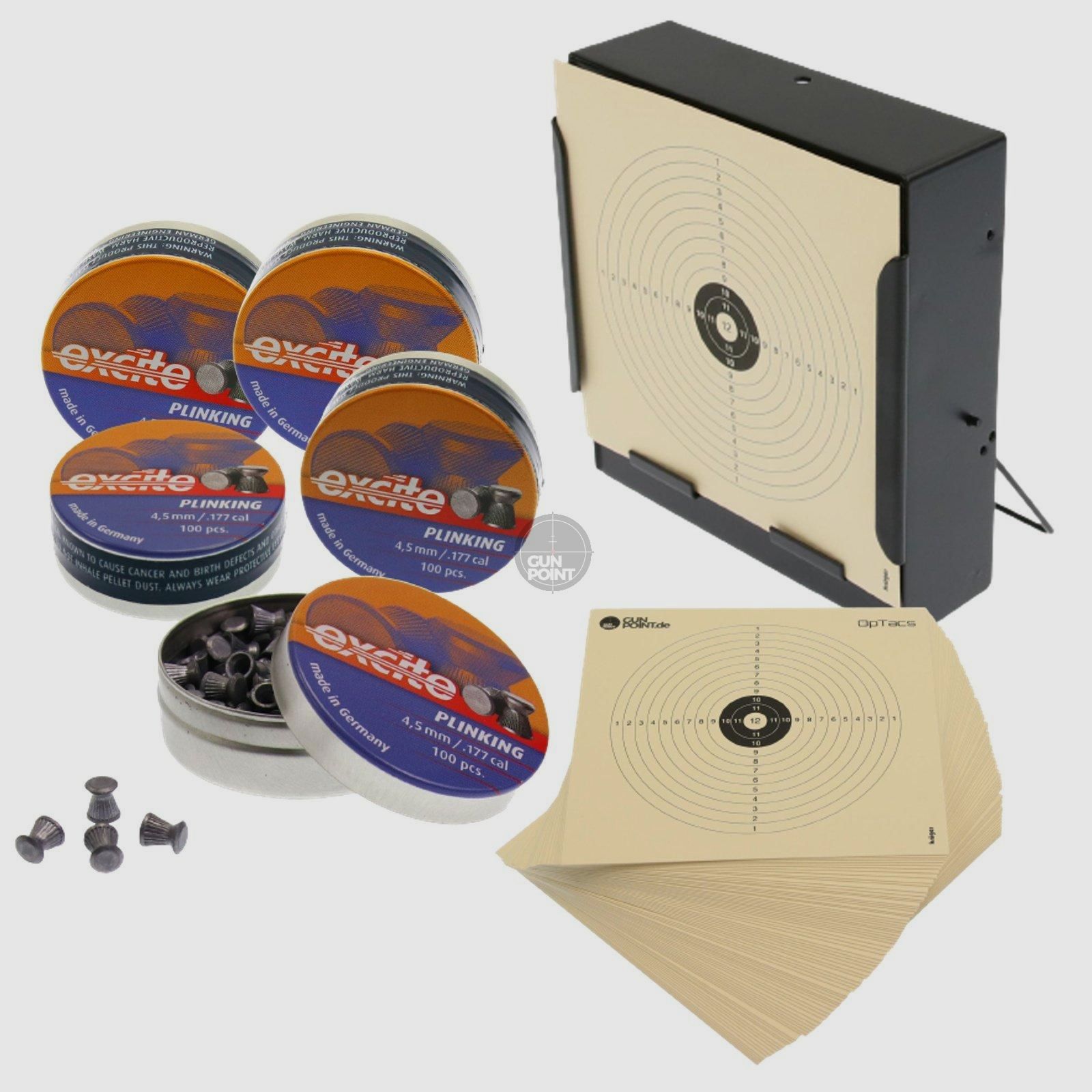 OpTacs - SET cajas de captura de balas 14 x 14 cm + 5 x 100 H&N Excite Plinking Diabolos + 10 dianas