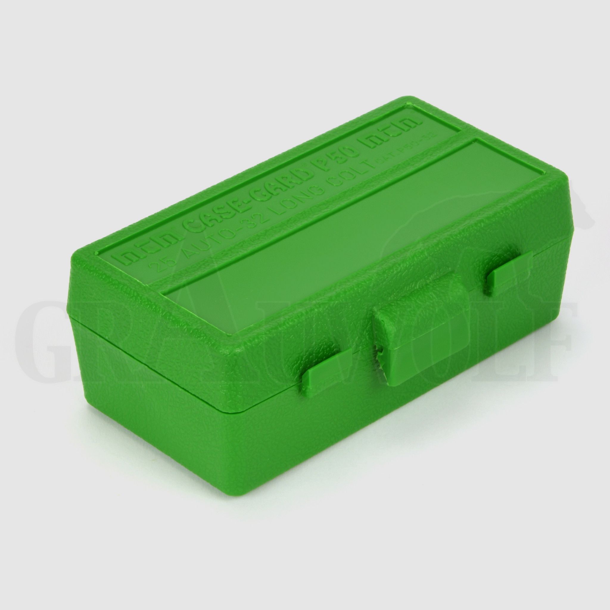 MTM Flip-Top Box P50-32 green for 50 cartridges: .25 ACP (6.35 Browning) to .32 long Colt