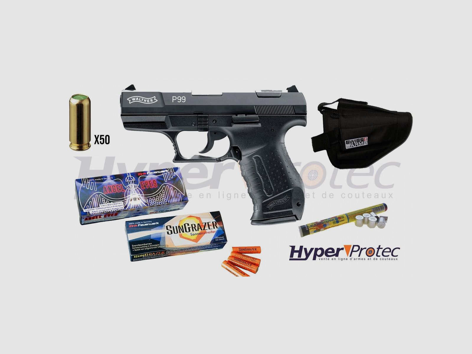 Pack Walther P99 + Platzpatronen + Signalsterne + Holster