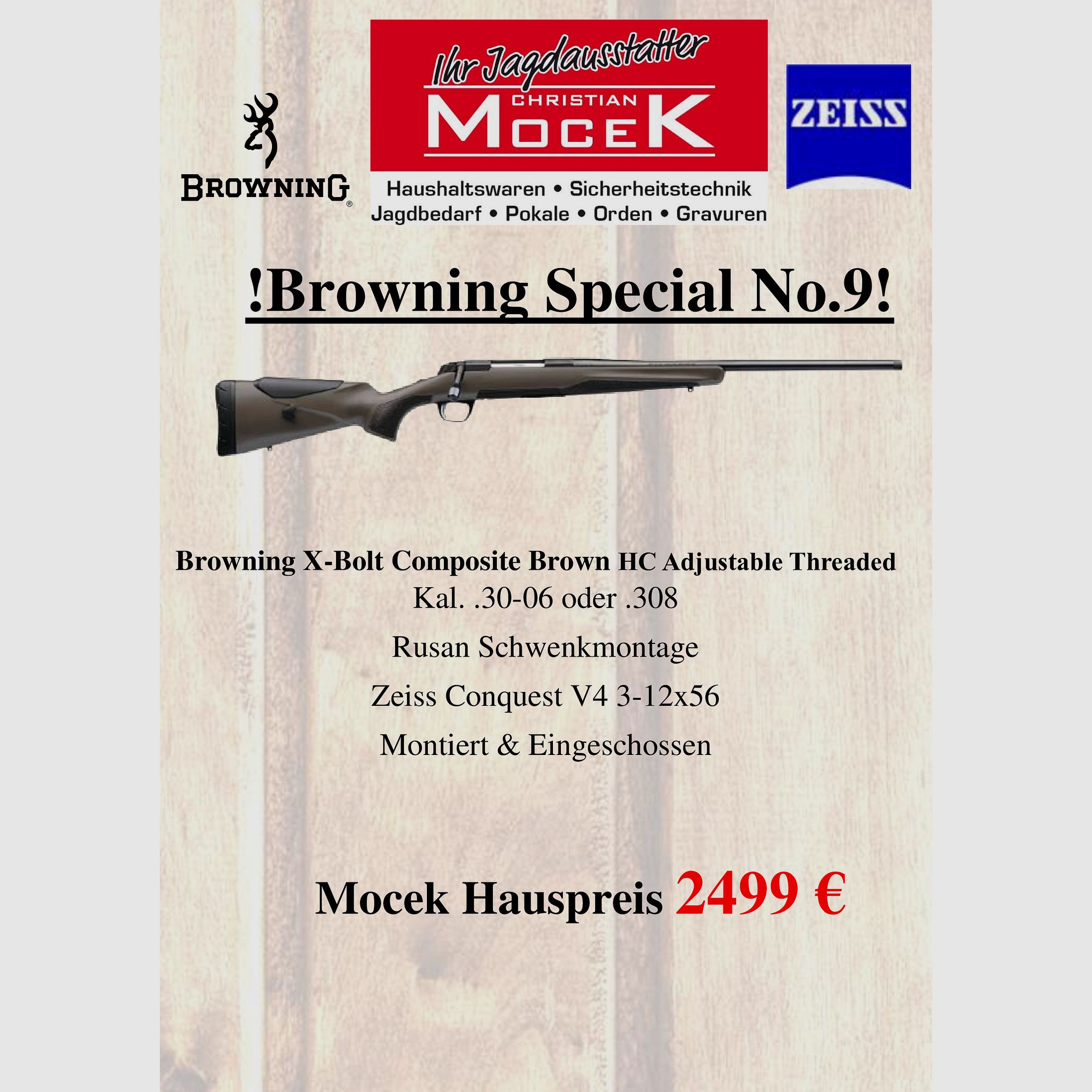 Browning X-Bolt Composite Brown HC Adjustable Threaded, mit Zeiss Conquest V4 3-12x56