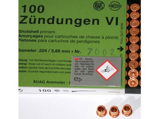 100 Stück RWS Zündungen VI (Böller/Schrot) Diameter .224/5,68mm RWS-Nr.#7002 / #2101688