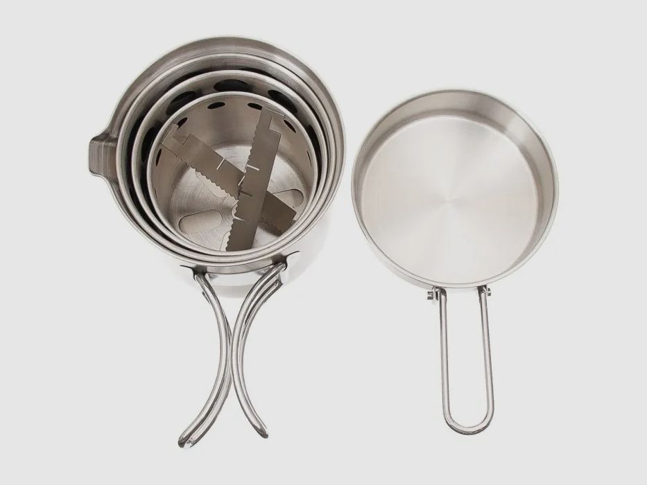 R&C Outdoor Edelstahl Reise Kochset - bestehend aus Kocher + Topf + Pfanne