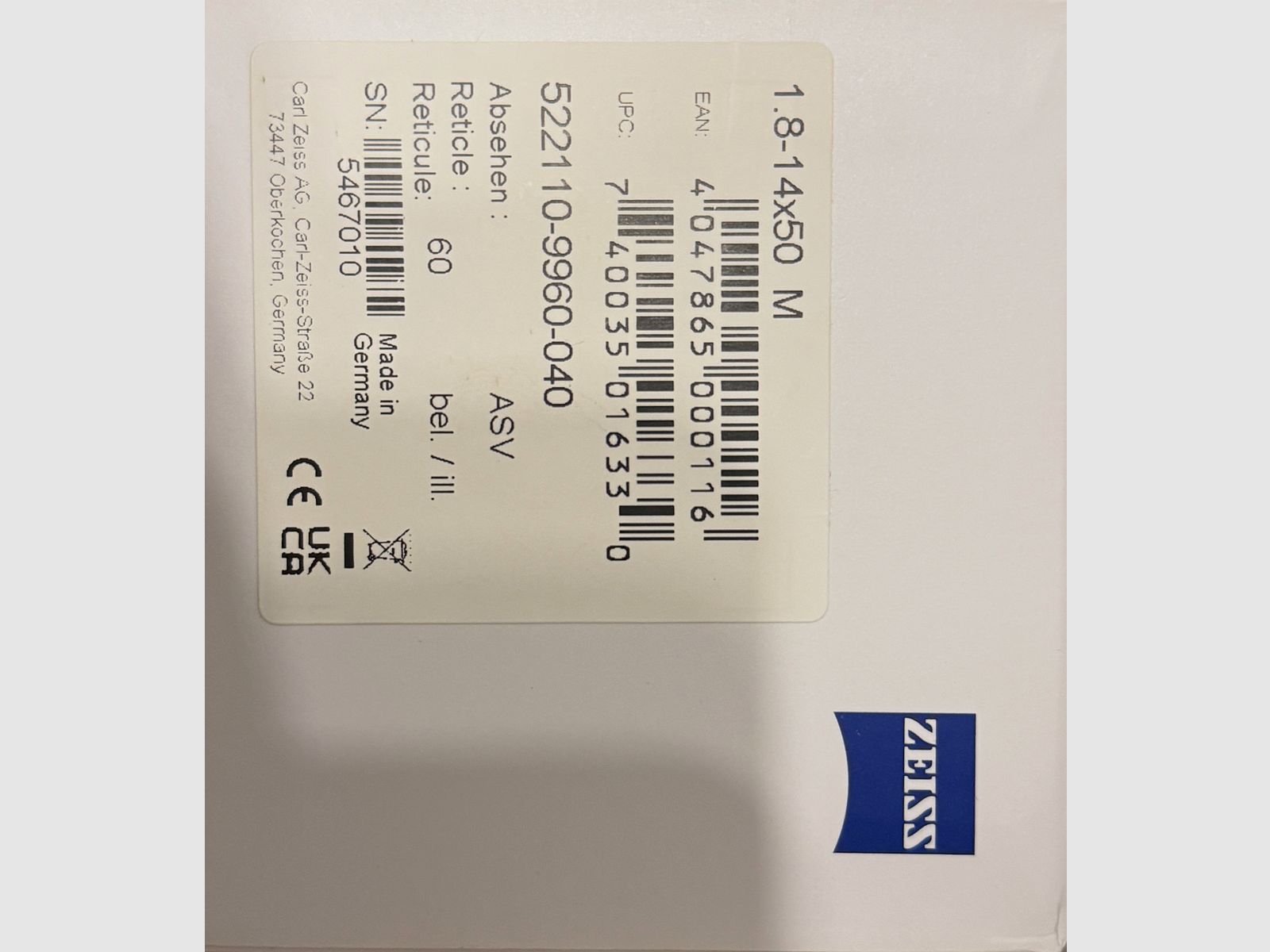 Zielfernrohr Zeiss V8 1,8-14x50 Schiene ASV Flip Cover neuwertig