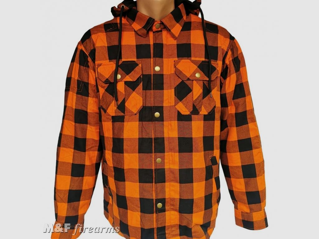 Lumberjack Shirt im Holzfäller-Stil mit herausnehmbarem Innenfutter Protektoren und Aramidfaserverstärkung Orange-Schwarz