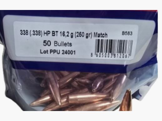 50 piezas balas PPU .338 / 8,5 mm 250 Grain #B-583 | HPBT Prvi Partizan punta hueca BT Match Line