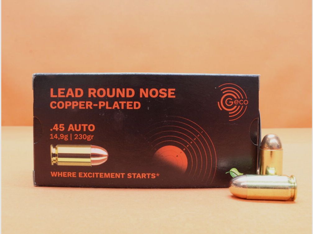 GECO Patrone .45Auto GECO 230grs CLRN (2403090) VE 50 Patronen (Green Range)/ 14,9g Blei-Rundkopf verkupfert