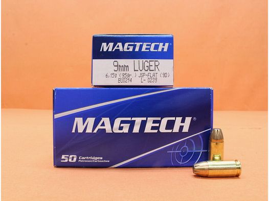 Cartuccia Magtech 9mm Luger Magtech 95gr JSP-FLAT (9D) VE 50 cartucce/ 6,15g palla parziale (con punti di rottura)