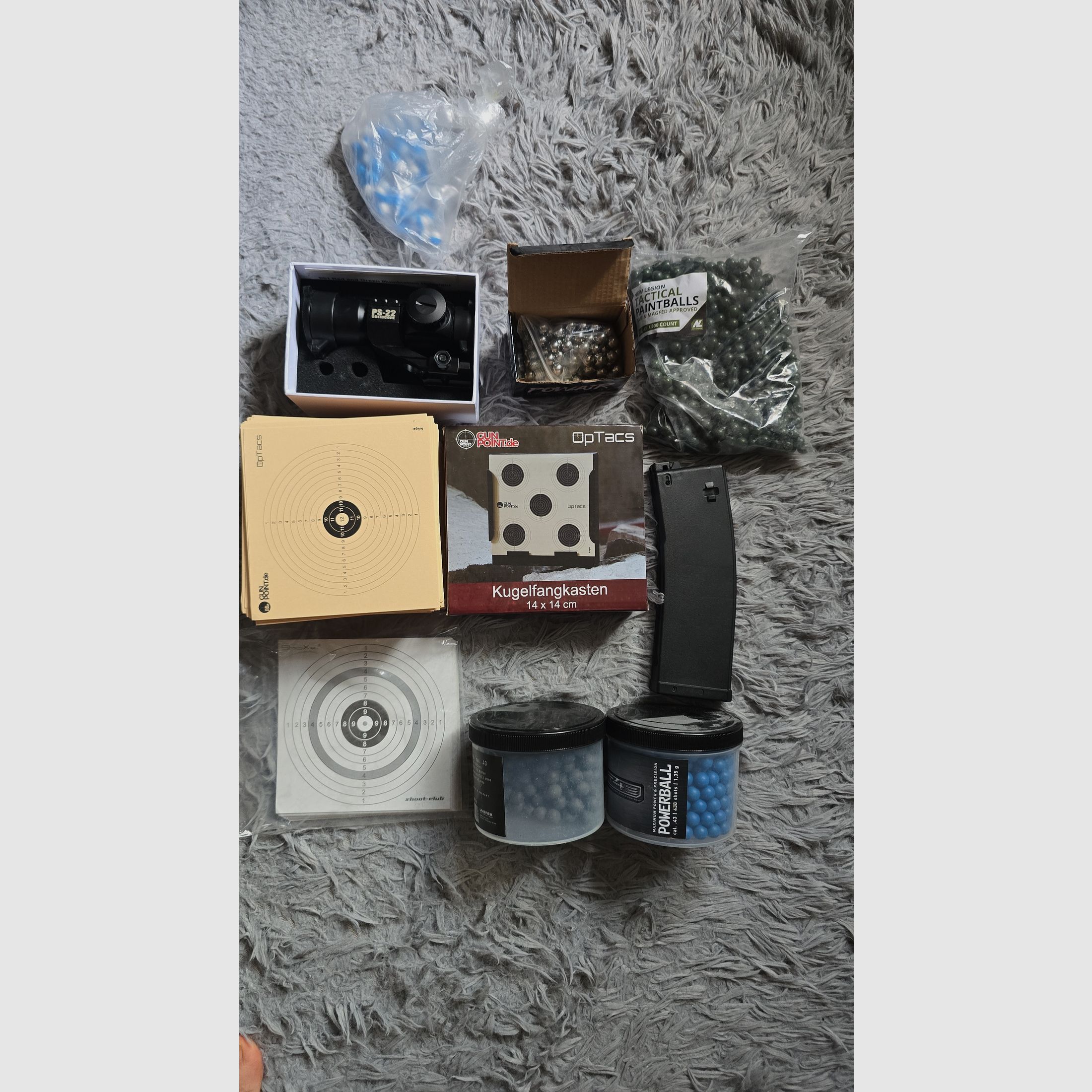 Großes Schießsport- & Airsoft-Set: Kugelfangkasten, Rotpunktvisier, Ziele & Munition HK 416 T4E RAM Magazin 