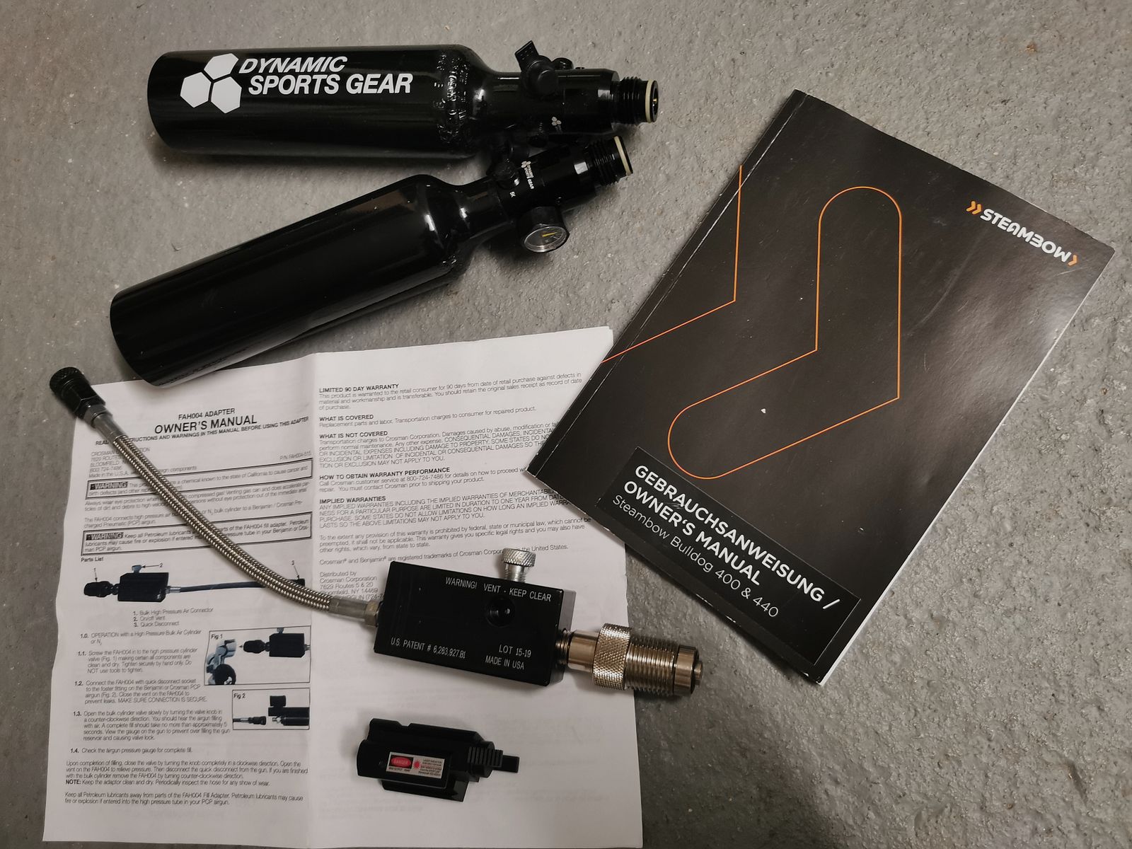 Steambow Bulldog 440 Excalibur crossbow with pneumatic tensioner and a lot of accessories