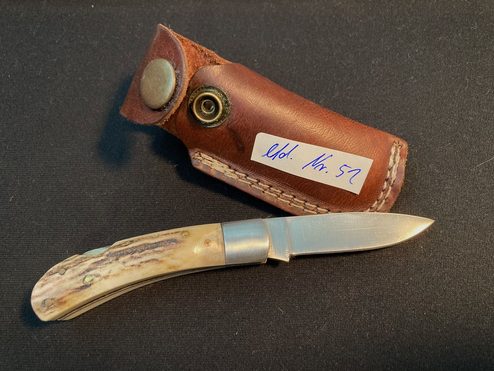 Taschenmesser, Hirschhorn, Rostfrei, Backlock, Ledertasche 51