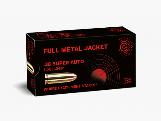 50 Schuss GECO .38 SUPER AUTO - FMJ Flat RN Vollmantel Rundkopf Pistolen Munition 124gr 8g 430m/s