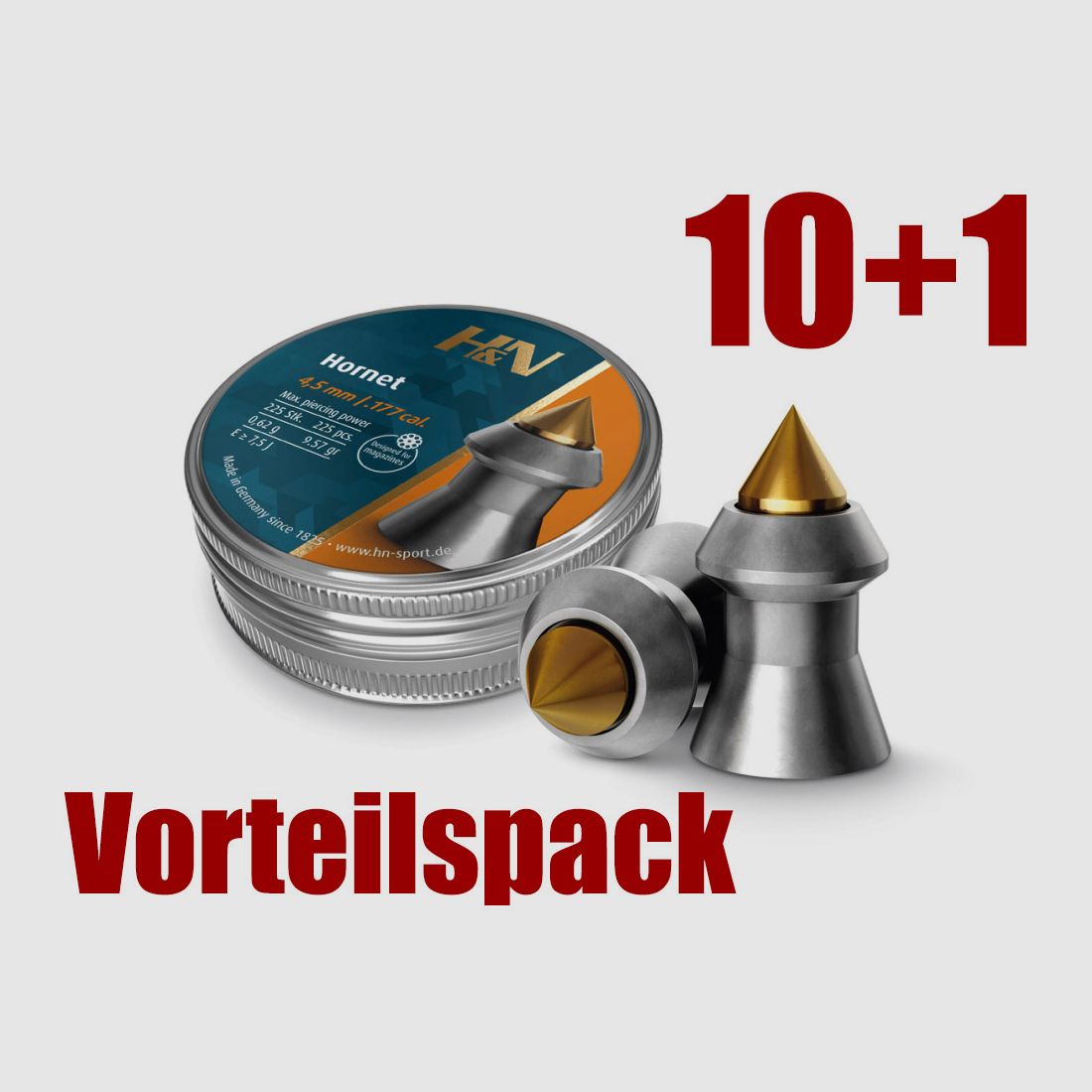 10+1 GRATIS x 225 StĂĽck H&N Hornet Diabolo, Hohlspitz, Messingspitze, Jagd, Kaliber 4,5 mm, 0,62 g