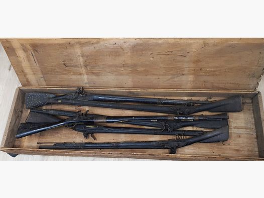 British Steinschlossgewehre für die Royal Niger Company um ca. 1830 in Transportkiste