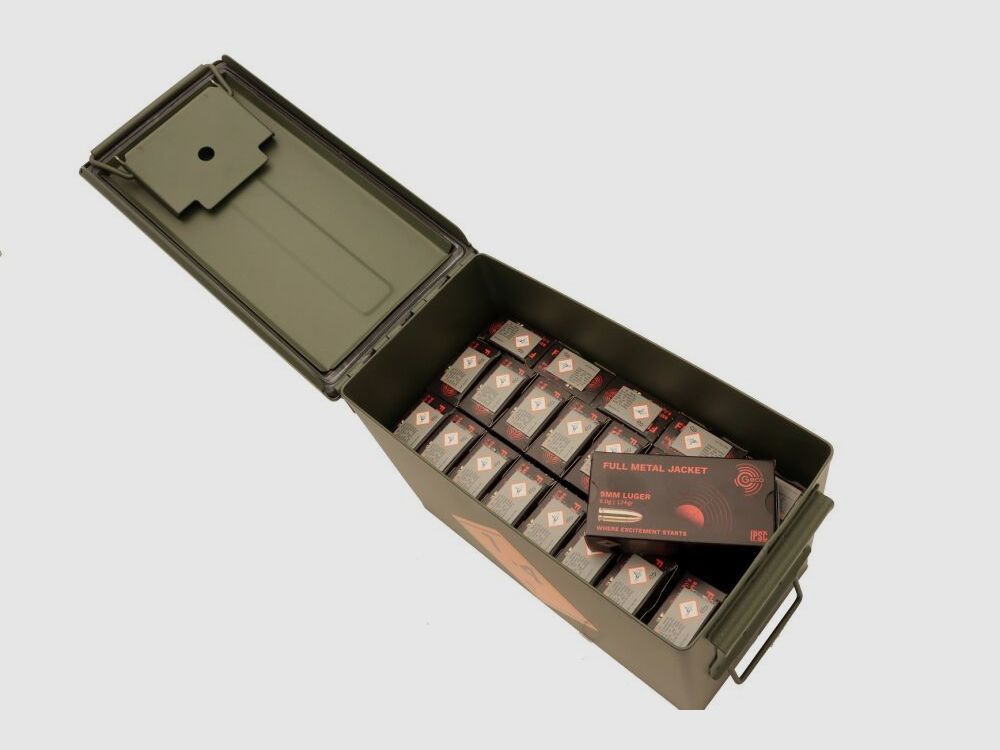 Geco 9 mm Luger full metal jacket 8.0g/124grs. Geco in the ammunition box