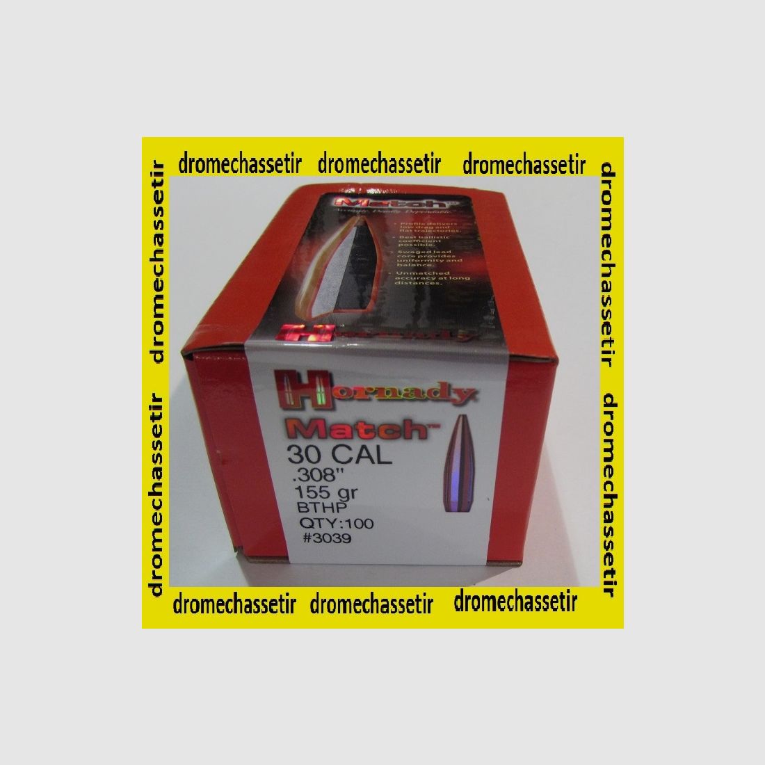 boite de 100 ogives Hornady, cal 7,62mm (0.308), BTHP 155 Grains, ref 3039