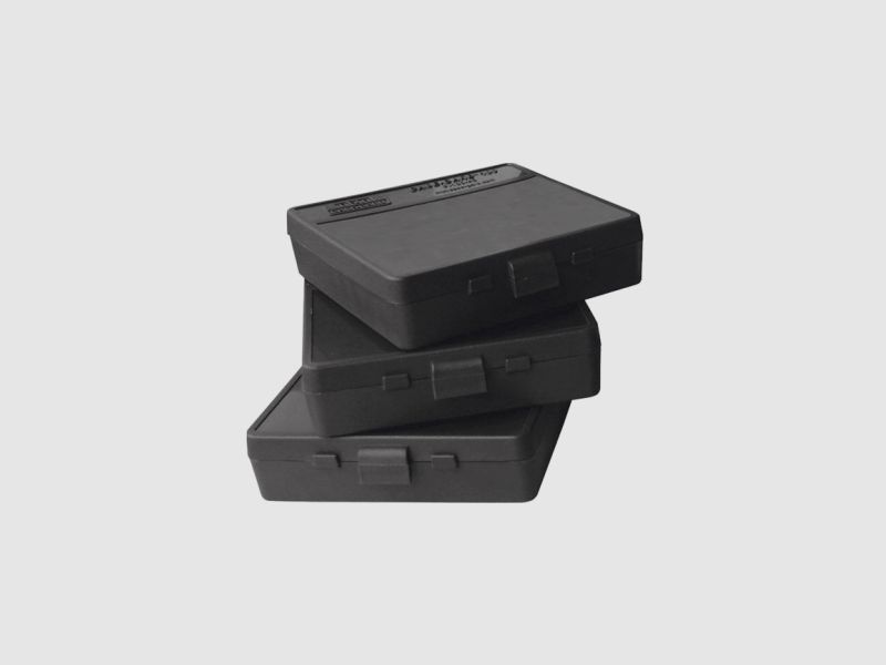 MTM scatola per cartucce P-100-3-40 nera con coperchio a ribalta per 100 cartucce .38/.357 e altre.