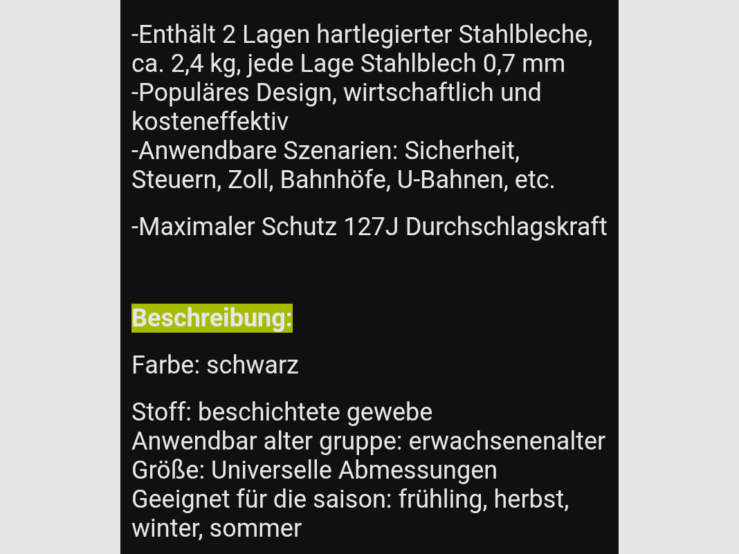 Sicherheitsweste Sicherheitsdienst hieb stichfest Stichschutzweste Security Guard Anti-Stab Taktische Weste Schutzweste Manganstahl 