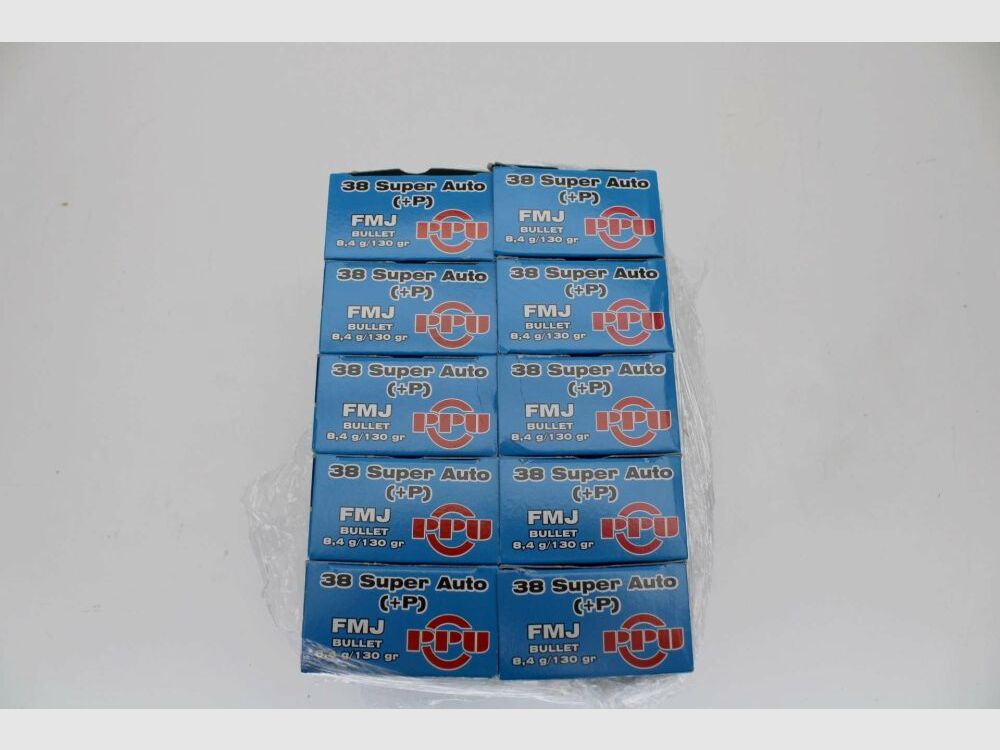500 Schuß PPU .38 Super Auto P+ mit 8,4gramm 130grs. FMJ 10x50er Pack