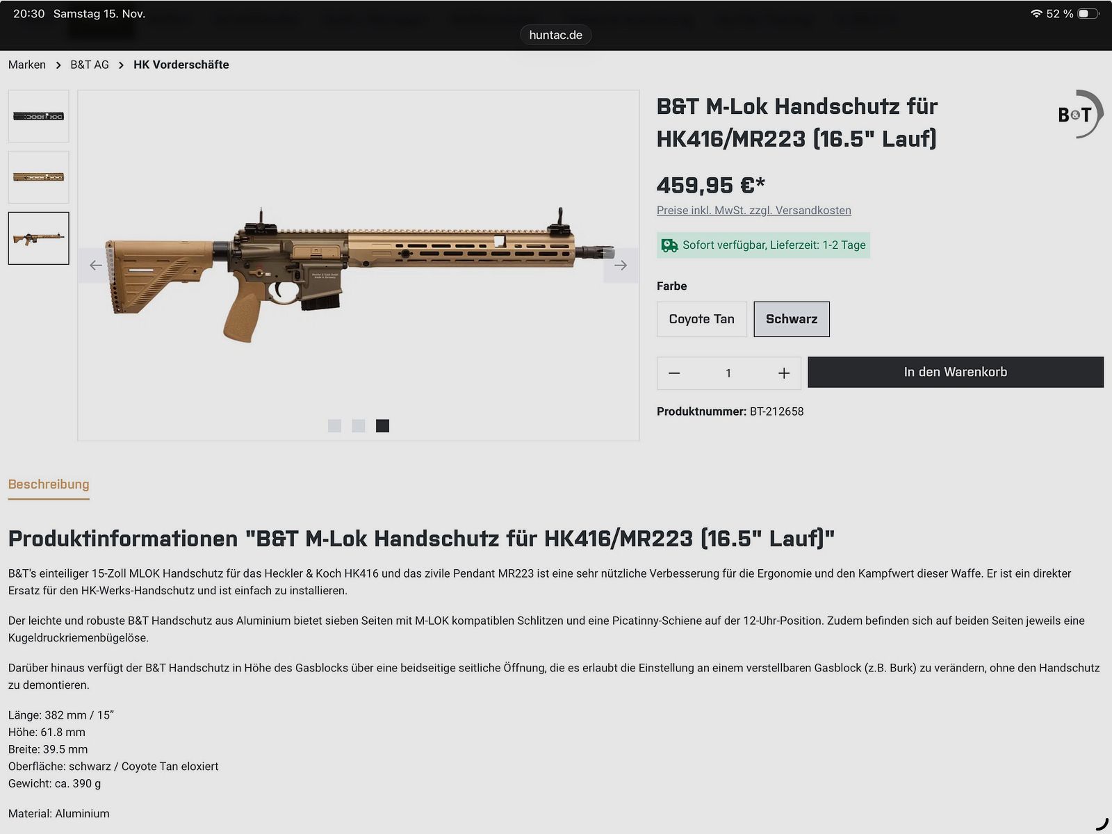 B&T M-LOK protezione per le mani per HK MR223 COYOTE TAN Cerakote lunga (per MR223 in 16,5")