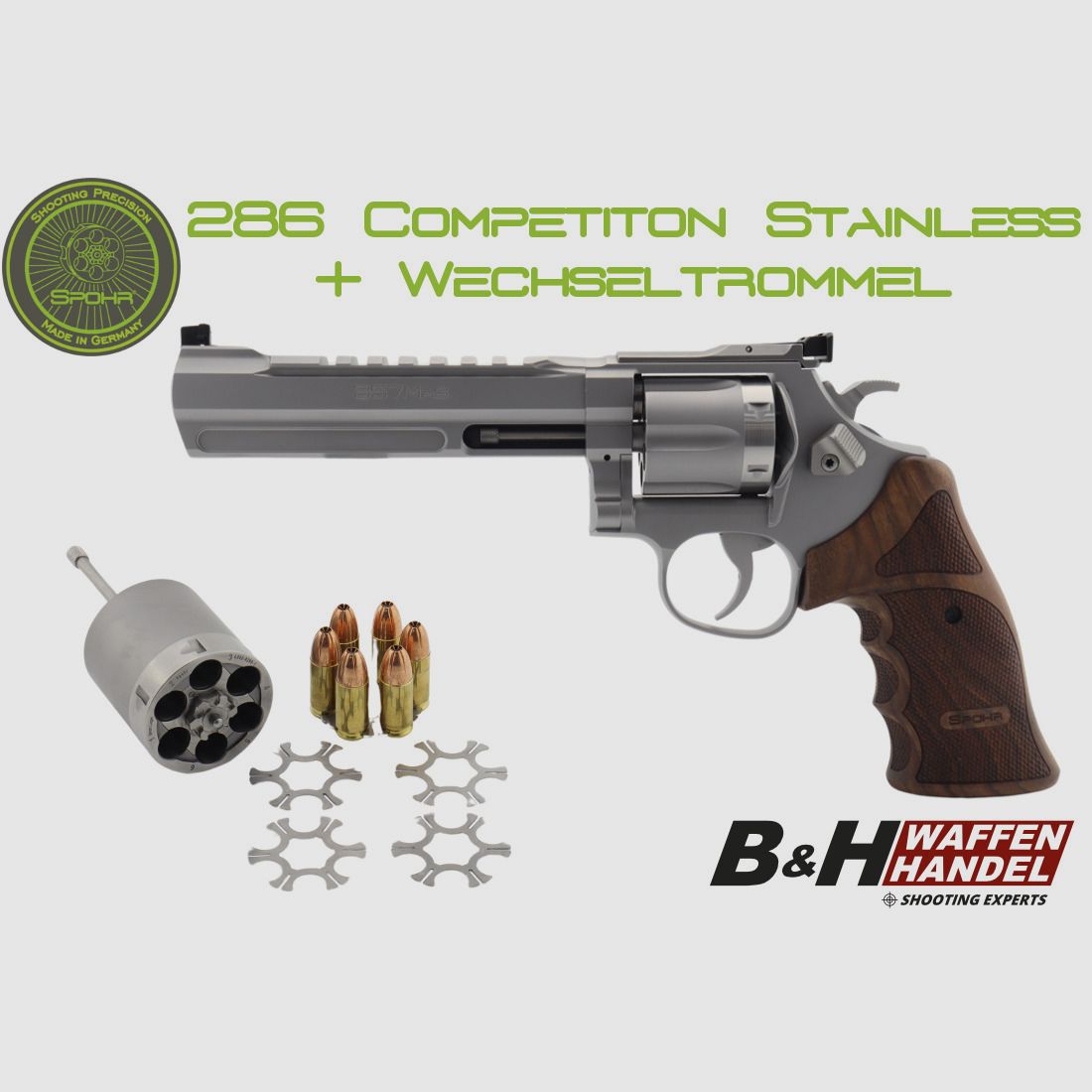 Spohr 286 Competizione Acciaio Inossidabile 6" Revolver con tamburo intercambiabile Fabbricato in Germania 6 pollici revolver sportivo