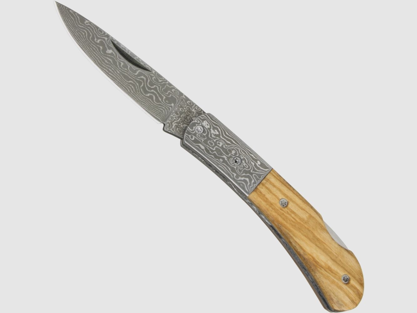 Damast-Taschenmesser Olivenholz mit Holzschatulle §42a konform legal führen