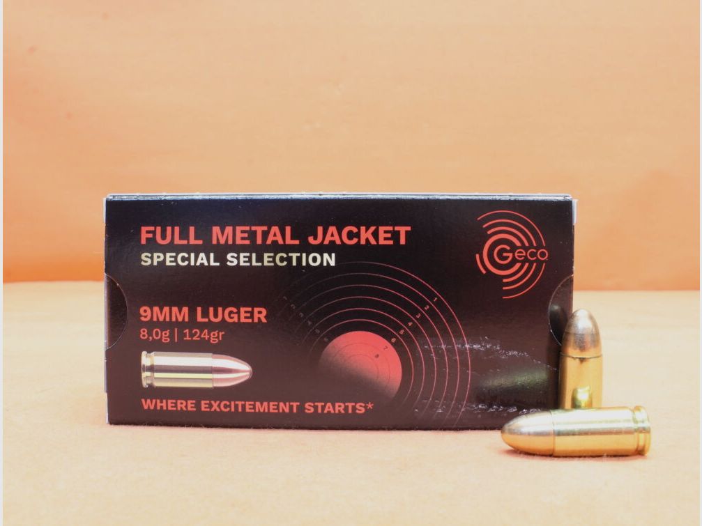GECO patroon 9mm Luger GECO 124grs FMJ (2431562) Special Selection VE 50 patronen/ 8,0g volmantel (precisiepatroon), afbeelding 1 van 2