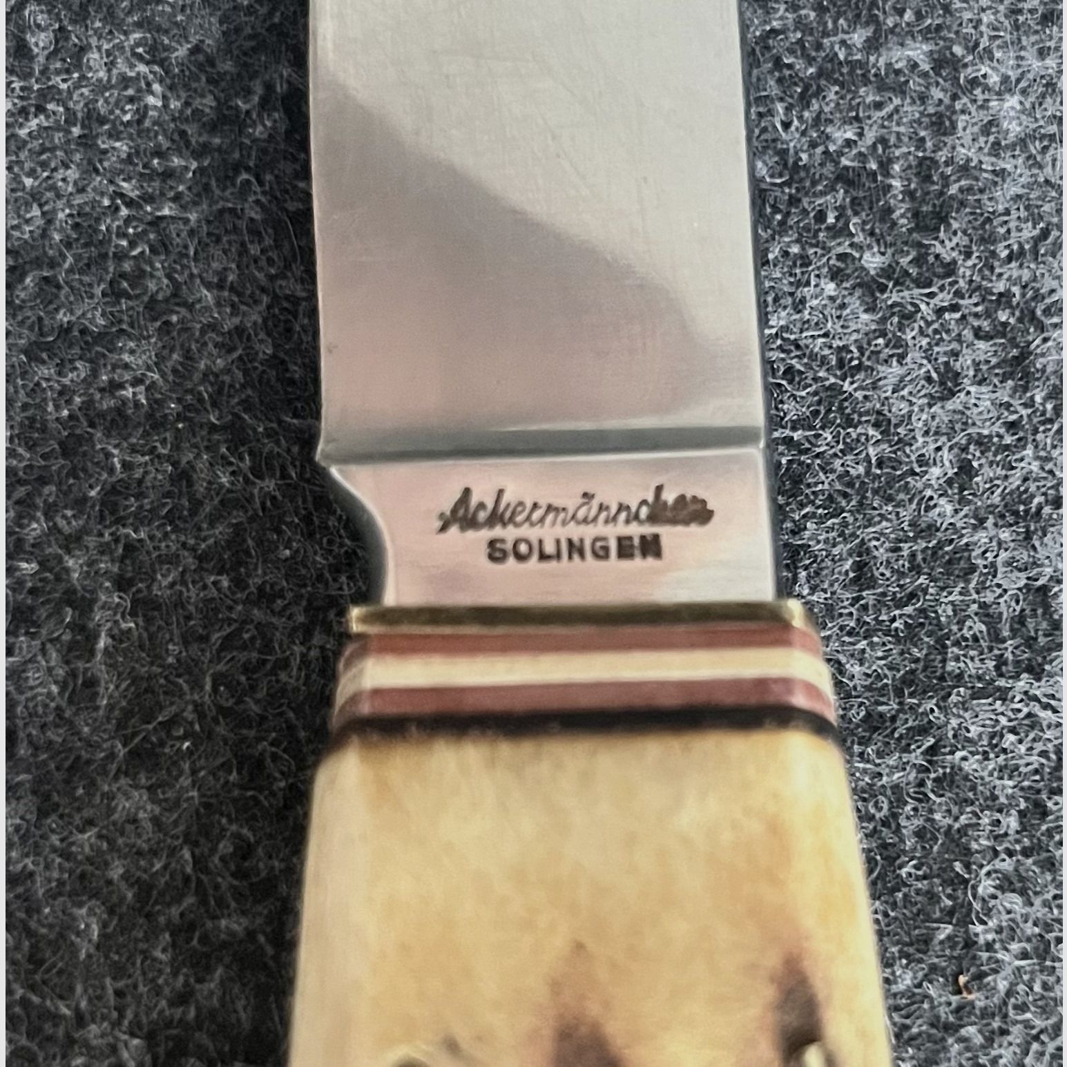 Solingen hunting knife "Ackermännchen" – Real horn handle with fine deer carving & leather sheath