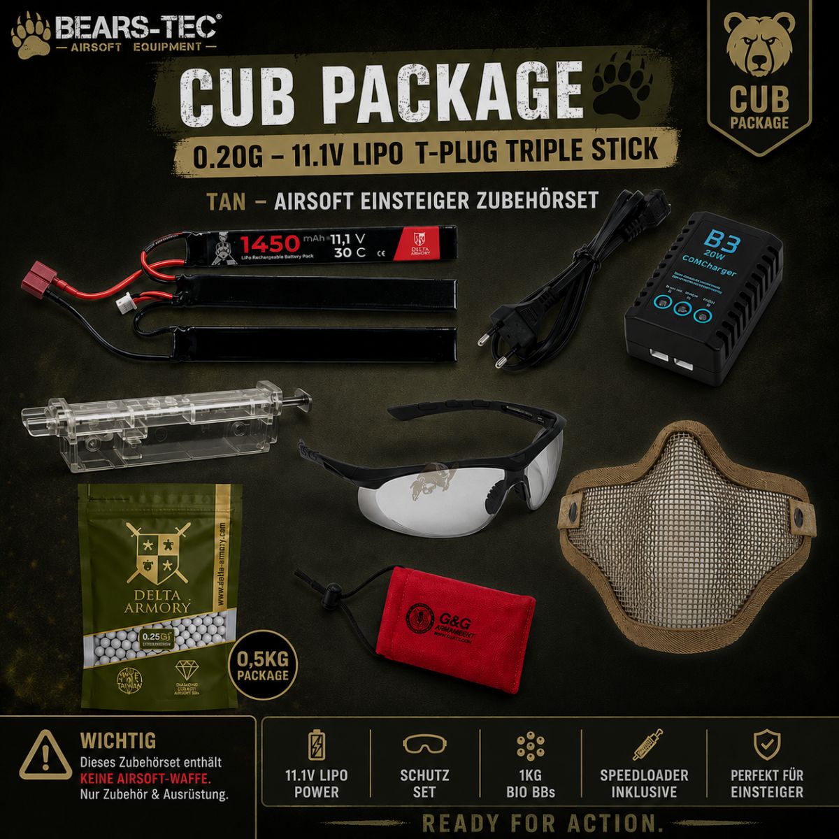 Cub Package 0.20g – 11.1v LiPo T-Plug Triple Stick TAN – Zestaw akcesoriów dla początkujących do Airsoftu