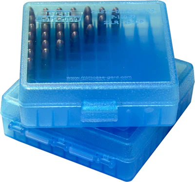 Boite rangement MTM 100 munitions calibre 9×19 P100-9 bleu transparent