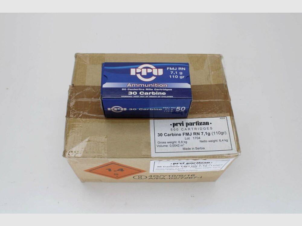 500 Schuß PPU .30 Carbine mit 7,1gramm 110gr. FMJ RN 10x50er Pack
