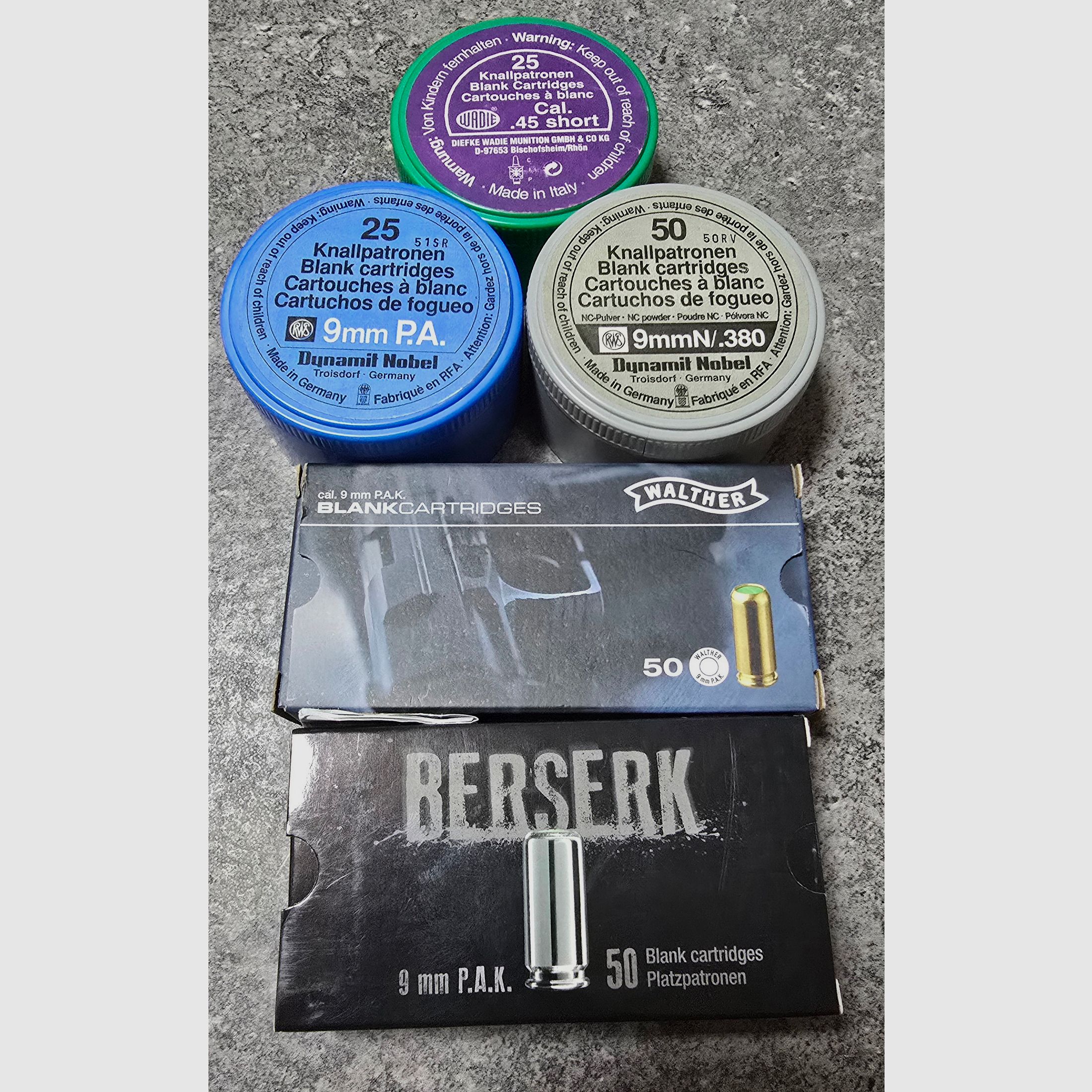 Platzpatronen 9mm PAK Pfeffer 9mm RK .45 Short Walther Skullfire RWS Berserk