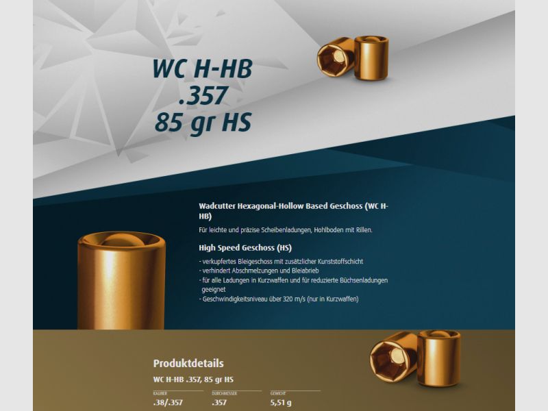 500St. H&N Geschosse .357 WC H-HB HS 85grs - .38 Special W.C. 357 | Wadcutter Hexagon BLEIGESCHOSSE