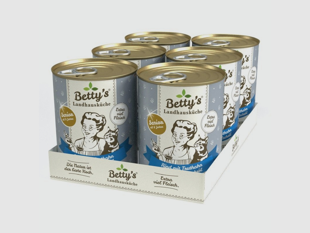 Betty's Landhausküche Katzenfutter Senior Rind mit Truthahn, Möhrchen & Lachsöl 6 x 400g