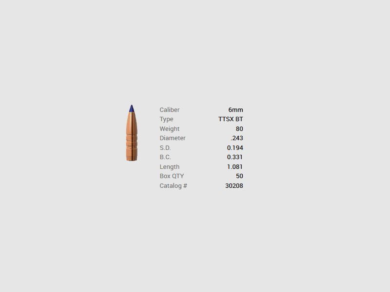 Barnes Geschoss 6mm/.243 80GR Tipped TSX BT 50 Stück