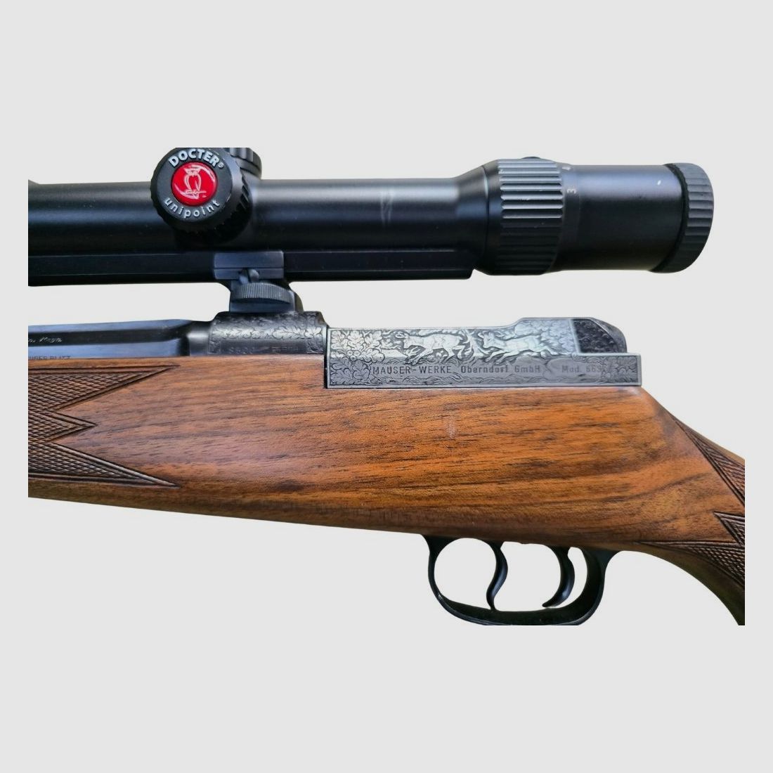 occasion MAUSER 66 Luxe avec système gravé et montage, canon octogonal, avec point rouge DOCTER 3-9x56L monté SEM avec 3 barres, état : Très bon, image 8 sur 8