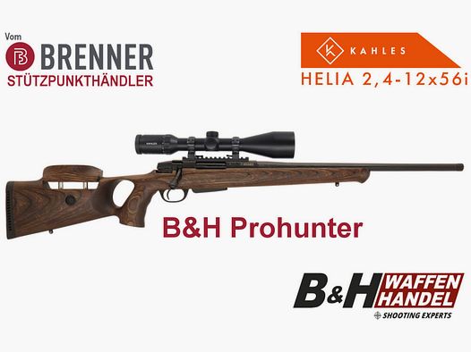 Brenner Komplettpaket: BR20 B&H Prohunter Lochschaft mit Verstellung inkl. Kahles Helia 2.4-12x56 fertig montiert Jagd Repetierbüchse