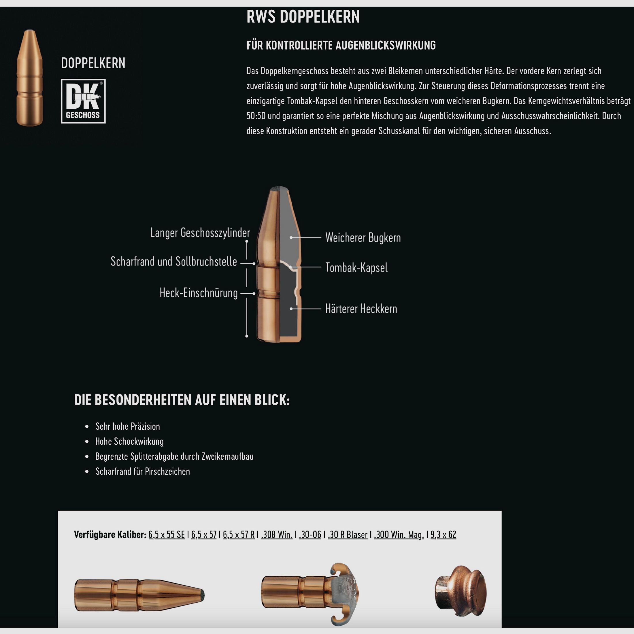 RWS 2117908 Doppelkern .308 Win. 10,7g 165gr munición de rifle 20 unidades.